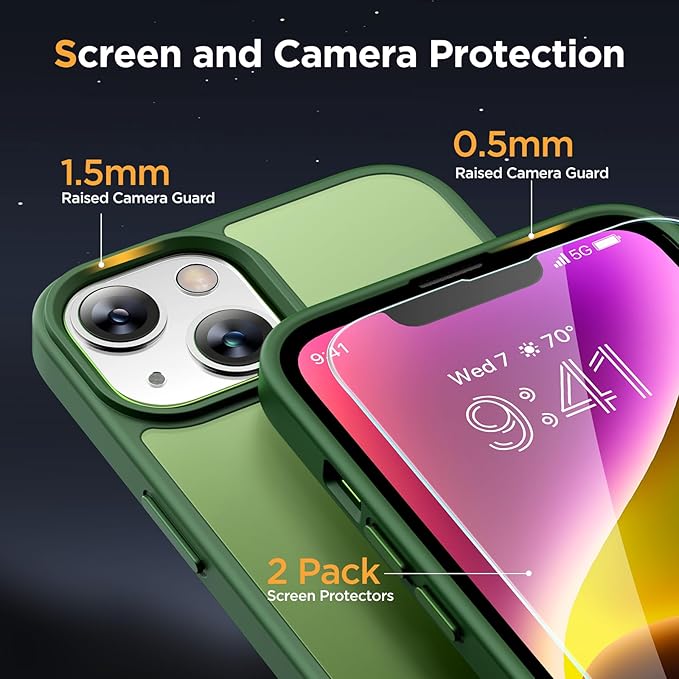 Miracase Magnetic for iPhone 14 Case 6.1 inch (Compatible with MagSafe)（with 2X Screen Protectors） Military-Grade Protection, Anti-Fingerprint Translucent Matte Phone Case Cover, Dark Green