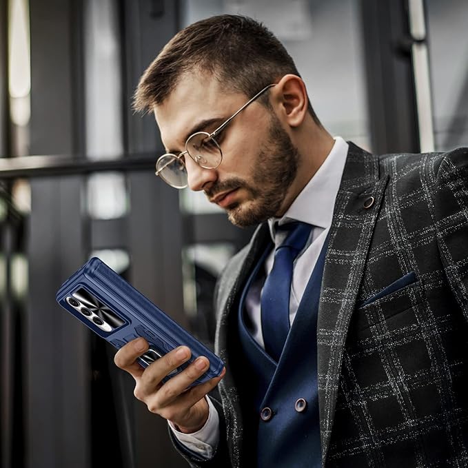 VEGO for Galaxy Z Fold 4 Case with Kickstand, Hinge Protection & Belt Clip Holster & Front Screen Protector & Slide Camera Cover Magnetic Kickstand Cover - Midnight Blue