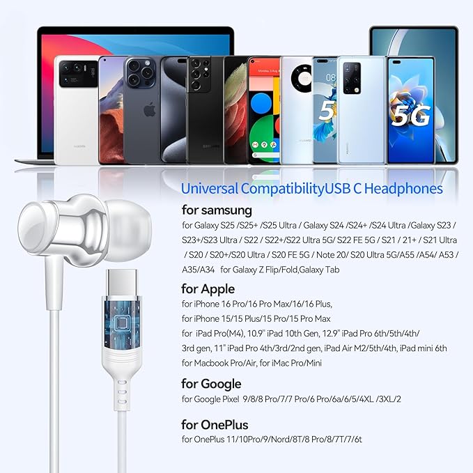 USB C Headphone for Samsung S25 S24 S23 Ultra FE S22 A55 A54 Wired Earbuds Magnetic in-Ear Type C Earphone with Mic Volume Control Stereo Noise Canceling Earbud for iPhone 17 Air 16 15 Pro Max Pixel 9