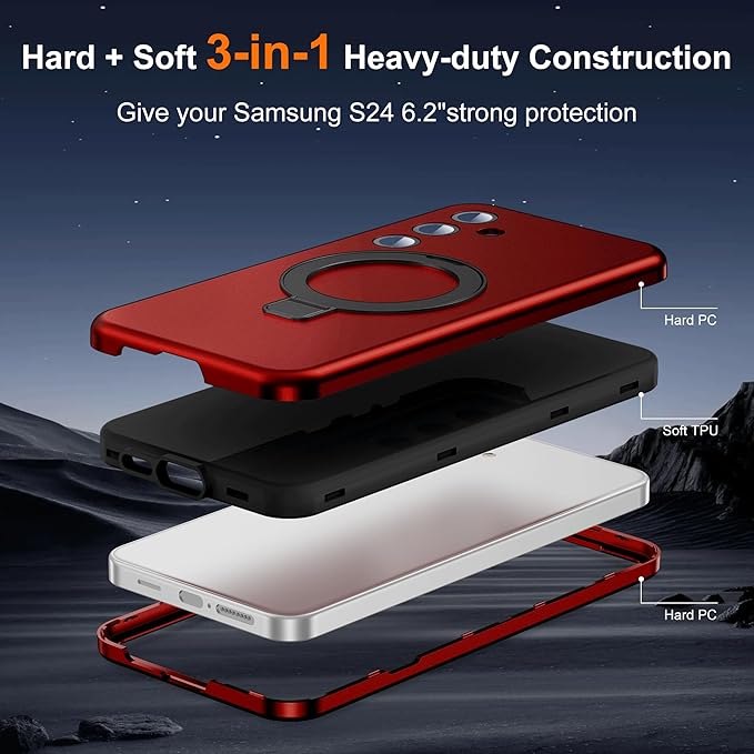 Designed for Samsung Galaxy S24 Case with Magnetic Ring Stand [Compatible with Mag-Safe][Military Grade Drop Protection][Build in Kickstand] Shockproof Galaxy S24 Phone Case 6.2",Red