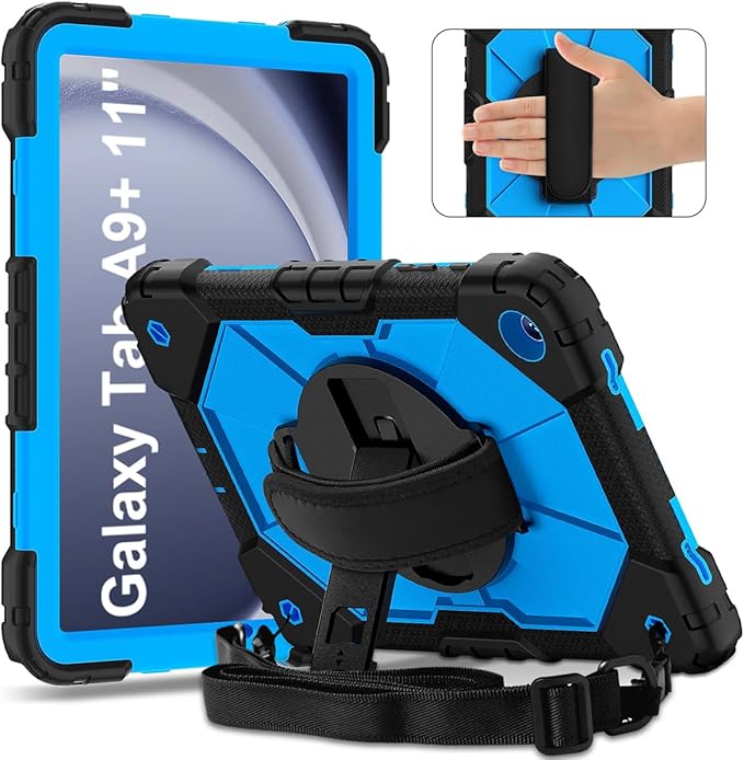 Case for Samsung Galaxy Tab A9+ 11 Inch 2023 (X210/X216/X218), Heavy Duty Shockproof Rugged 360 Rotating Hand Strap Protective Case for Galaxy Tab A9 Plus Tablet, Black+Blue