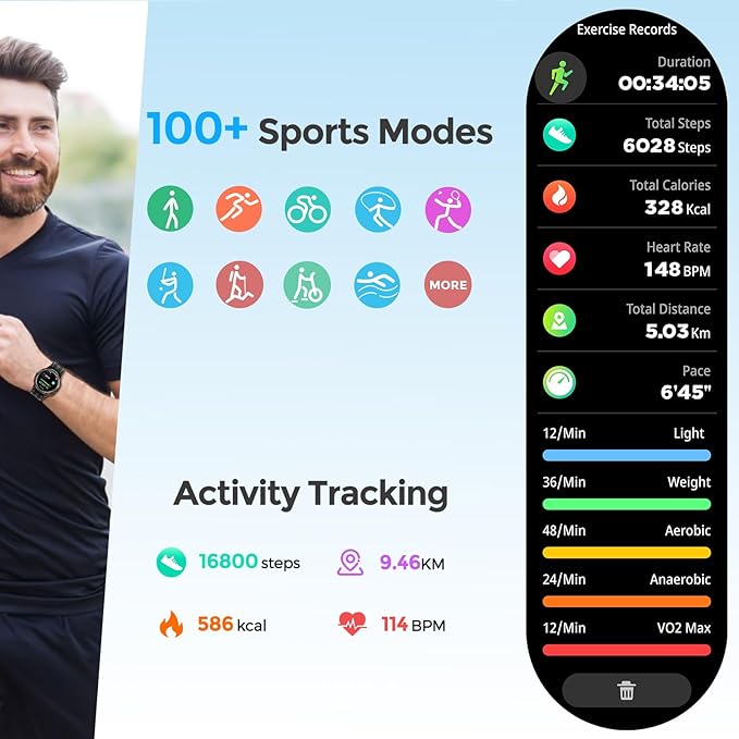 VIRAN Smart Watches for Men, 1.43'' AMOLED Fitness Watch with Pedometer and Heart Rate/Sleep/BP/Spo2 Monitor, Military Smart Watch for Android Phones and iPhone Compatible, 120+ Sports Modes (Orange)