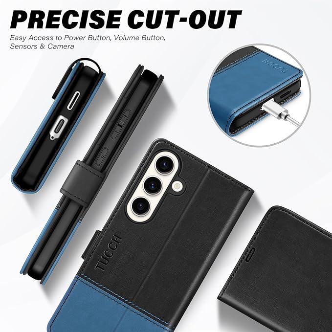 TUCCH Wallet Case for Galaxy S25, Magnetic PU Leather Stand [RFID Blocking] Credit Card Holder Flip Cover with [TPU Shockproof Interior Case] Compatible with Galaxy S25 6.2" 2025, Black & Light Blue
