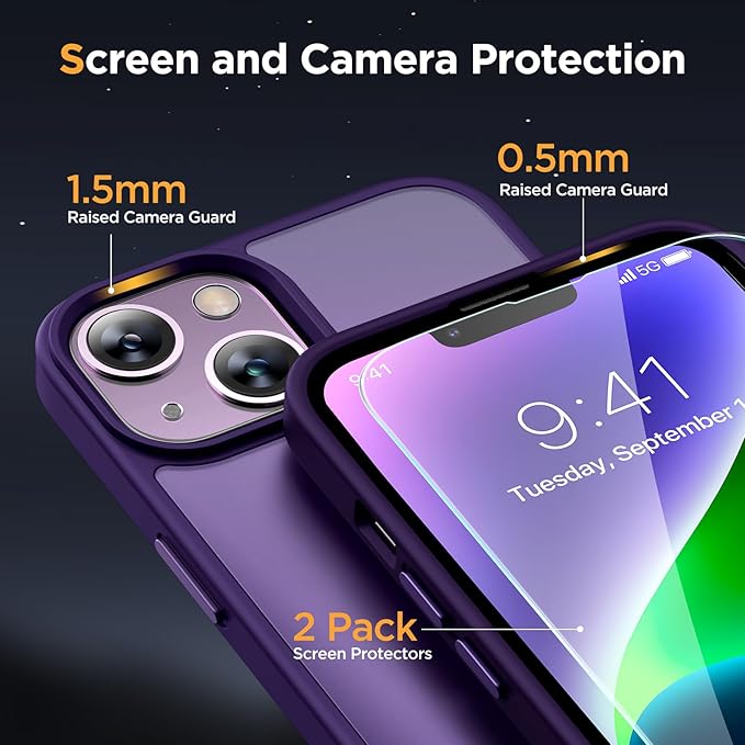 Miracase Magnetic for iPhone 14 Case 6.1 inch (Compatible with MagSafe)（with 2X Screen Protectors） Military-Grade Protection, Anti-Fingerprint Translucent Matte Phone Case Cover, Dark Purple