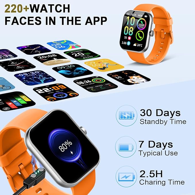 Smart Watch (Answer/Make Calls), 1.96"HD Smartwatch for Men Women 113+ Sport, 2025 Fitness Activity Tracker with Heart Rate Monitor, Sleep Trackers, Pedometer, IP68 Waterproof for Android iOS Orange