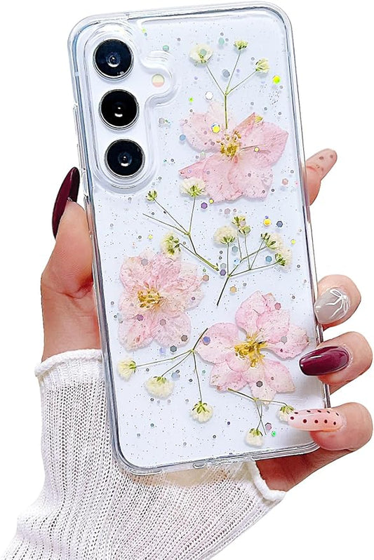 Compatible with Samsung Galaxy S25 Plus Case Cute Pressed Dried Real Flowers Design Women Girly Shockproof Hard PC+ TPU Bumper Floral Phone Cover for Galaxy S25+ Plus (Light Pink)