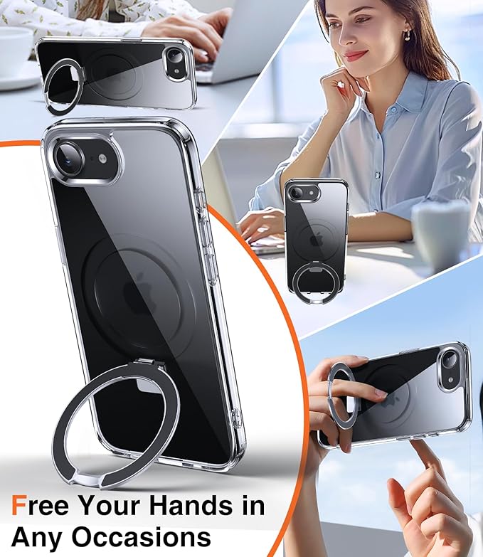 3-in-1 [Magnetic+Kickstand+Ring Holder] for iPhone 16e Case 2025 Stand Ring Holder Compatible with MagSafe, Military Shockproof Protective iPhone 16e Phone Case Kickstand Cover Clear