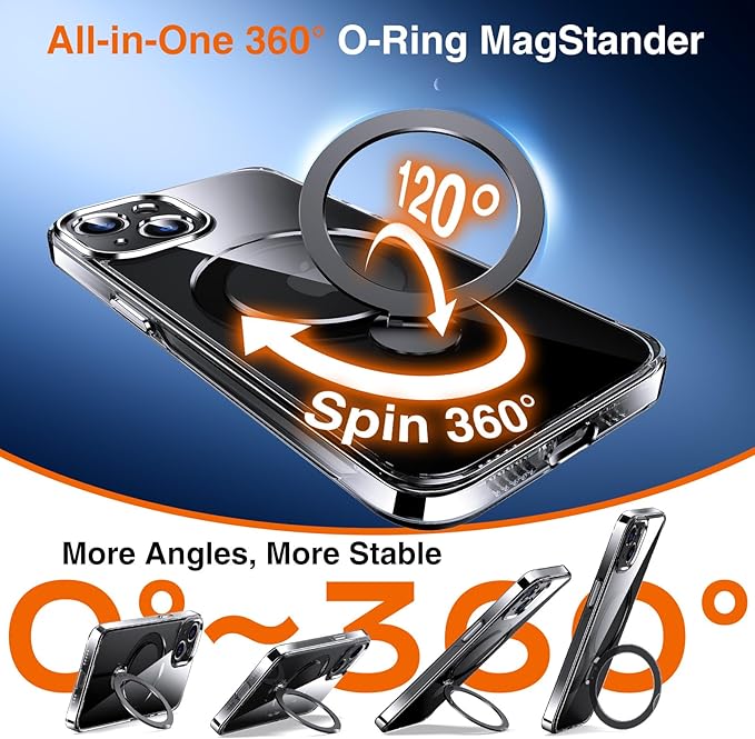 360° O-Ring MagStander for iPhone 13 Case, iPhone 14 Case with Magnetic Stand Ring Holder [Compatible with MagSafe][15FT Military Shockproof] Kickstand iPhone 13/14 Phone Cover Clear