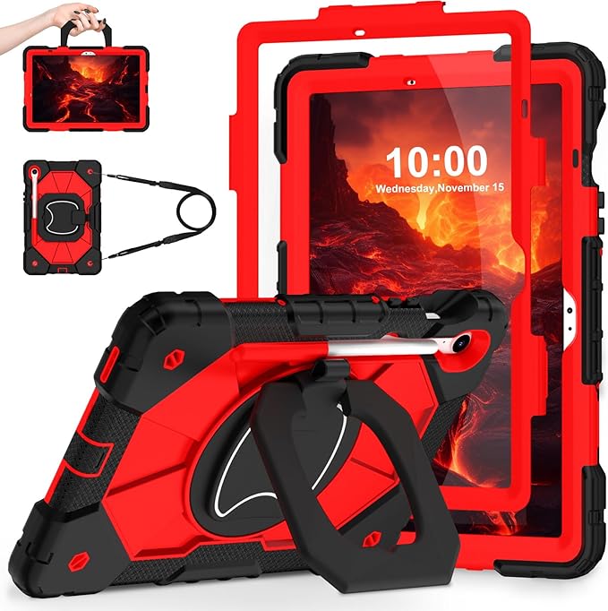 WESOROL Case for Samsung Galaxy Tab S10 Lite/S10 FE/S9 FE 10.9 Inch (2025/2023) Galaxy Tab S9 11 Inch,Shockproof Cover for Samsung S9 FE with Rotating Stand Screen Protector Pencil Holder,Black Red