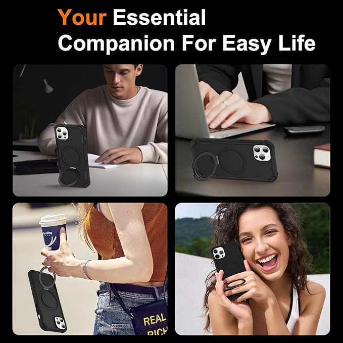 Compatible with iPhone 12 Case & iPhone 12 Pro Case with Invisible Magnetic Ring Stand [Compatible with Magnetic] [Military Drop Protection] Shockproof Hard Back Soft Edge 6.1 Inch, Black