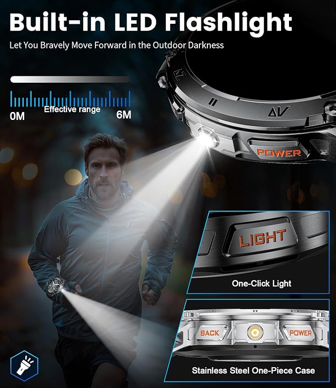 Military Smart Watches for Men ,530mAh Large Battery,1.43"AMOLED Heart Rate/SpO2/Sleep Monitor 5ATM Waterproof Smartwatch for Android iOS (Answer/Make Calls),Fitness Tracker with LED Flashlight