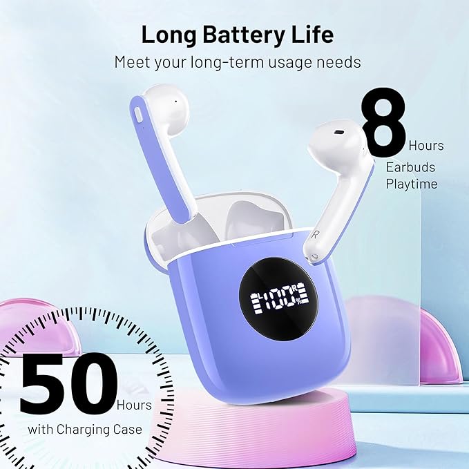 Wireless Earbuds, Bluetooth Headphones Stereo Ear Buds with Noise Cancelling Mic, 50H Playback with LED Display Charging Case, IP7 Waterproof in-Ear Earphones for Phone Laptop Sports, Blue