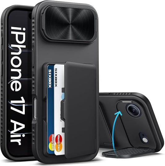 for iPhone Air Case Wallet, Built-in Stand & Card Holder & Camera Cover, Rugged Military Grade Drop Protection Heavy Duty Hard Protective Phone Cover Case for iPhone Air 6.5" 2025, Black