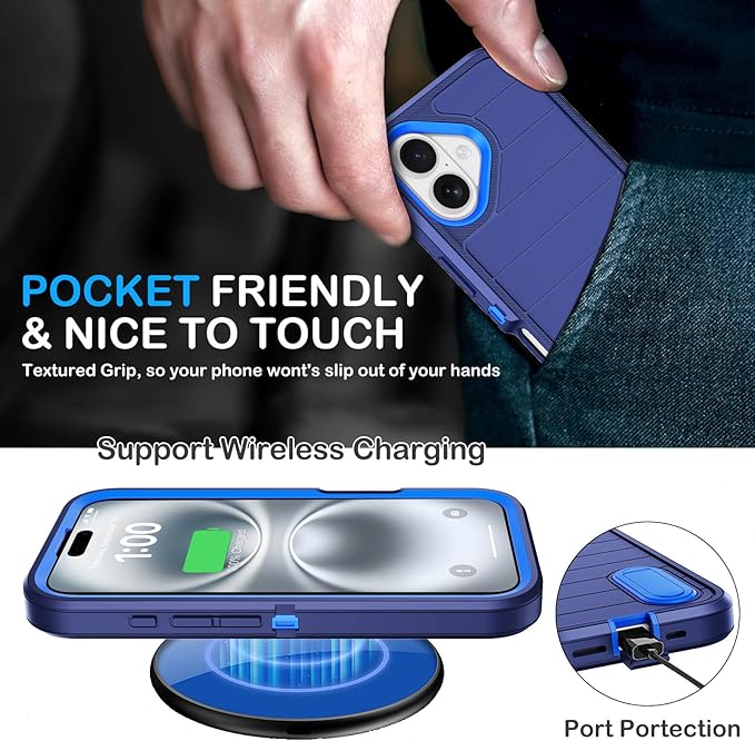 for iPhone 16 Case with 2 Screen Protectors,Heavy Duty Shockproof Drop Protection Military Grade Tri-Layer Rugged Cell Phone Cover with Built-in Invisible Kickstand 6.1“ (Blue)