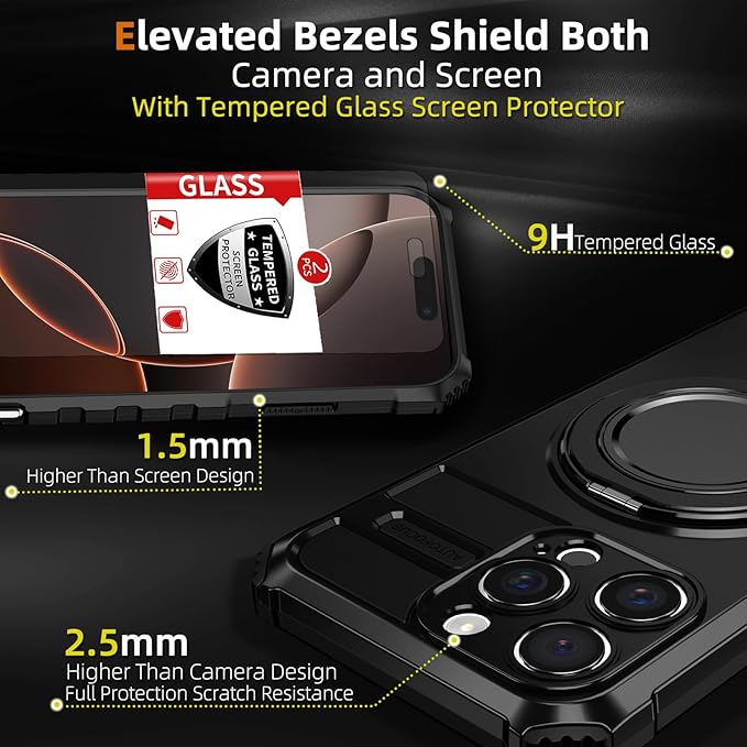 for iPhone 16 Pro Case Magnetic Compatible with Wireless Charging,16 Pro Phone Case with 2 Screen Protector,Built-in Kickstand Ring Military Grade Drop Shockproof Heavy Duty Protection Black