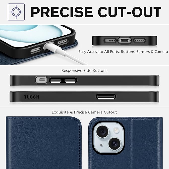 TUCCH Wallet Case for iPhone 15 5G, PU Leather Folio Case with [RFID Blocking] [3 Card Slot], Kickstand Book Design [Shockproof TPU Interior Case] Compatible with iPhone 15 6.1-inch 2023, Dark Blue