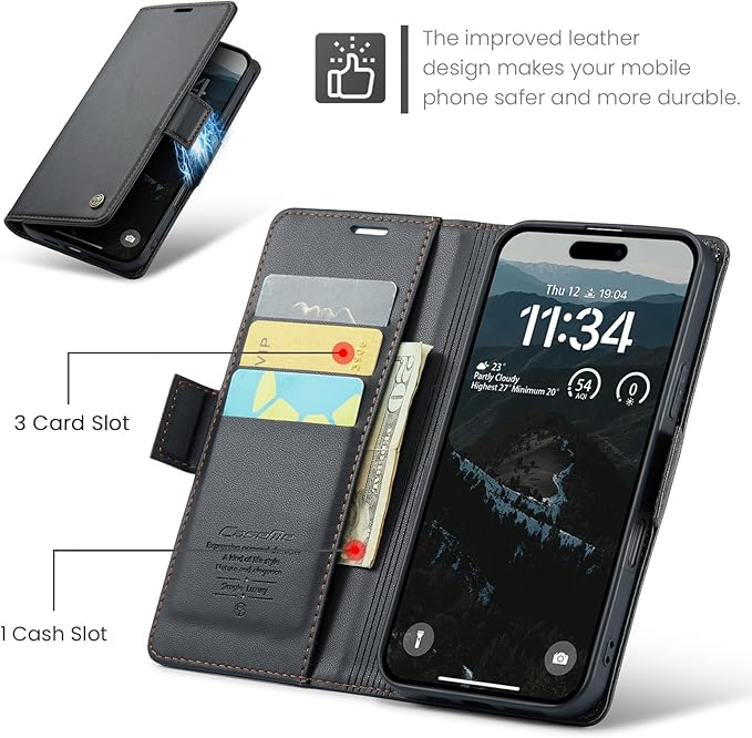 for iPhone 16 Case, Premium PU Leather Wallet Case Flip Cover with [RFID Blocking][Card Holder][Stand Function] Shockproof Protective for iPhone 16, Black