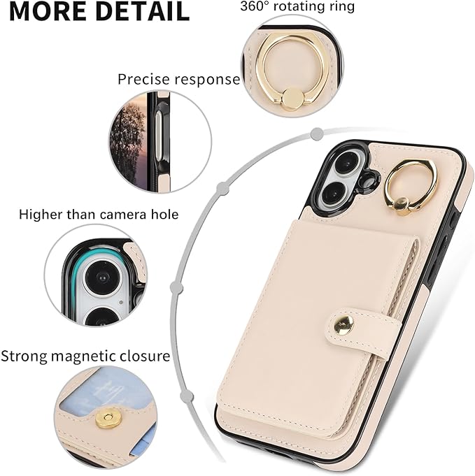 Compatible iPhone 16 Wallet Case with Card Holder RFID Blocking PU Leather Doubles as a Wallet Unisex Flip Shockproof Protection with Card Slots Ring Wrist Kickstand Function,White