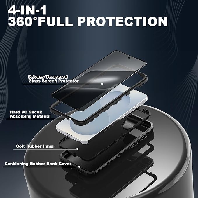 Designed for Samsung Galaxy S24 Plus/S25 Plus Case [with Privacy Screen Protector] 3-Layer Full Body Protection Rugged Shockproof Heavy Duty Phone Case Cover, Black