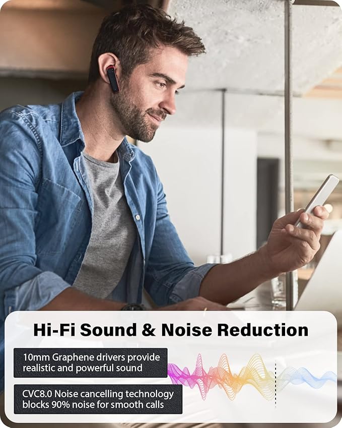 Bluetooth Headset - V5.0 Wireless Handsfree Earpiece Built-in Dual Mic Noise Cancelling, 10 Days Standby 16Hrs HD Talktime Ultralight Headset for iPhone Android Samsung Laptop(Red)