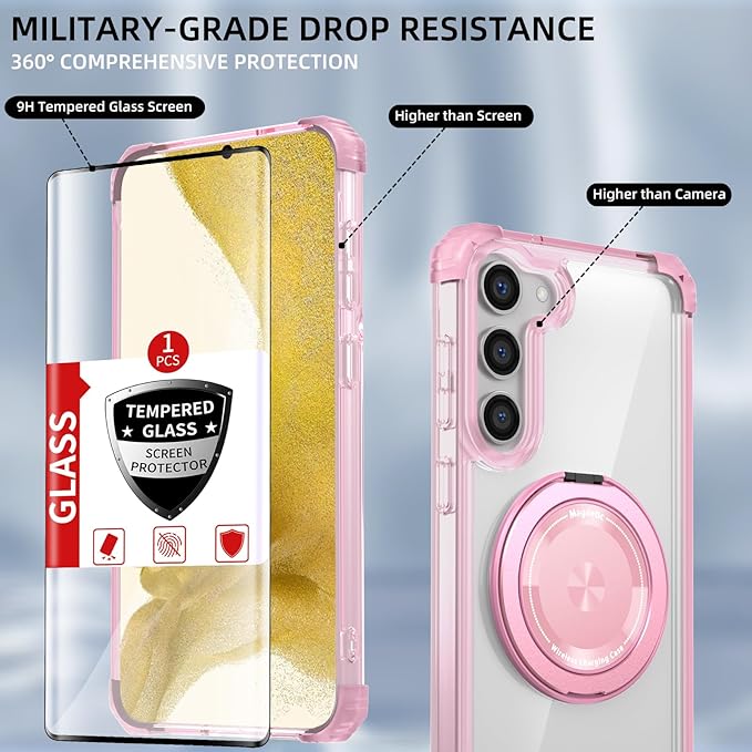 for Samsung Galaxy S22 Plus Case Compatible Wireless Charging Magnetic,with Screen Protector,for S22+Plus Phone Case with 360°Stand Ring Military Grade Shockproof Heavy Duty Protection Pink