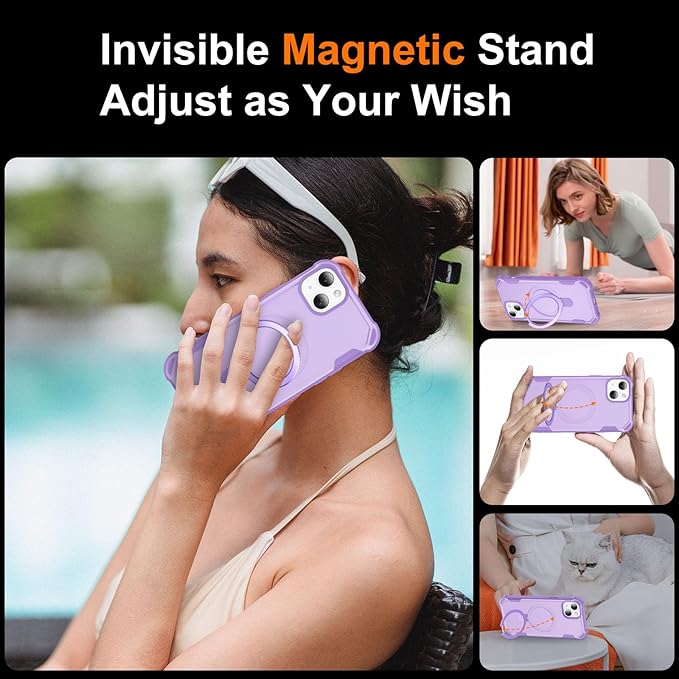 Compatible with iPhone 15 Case with Invisible Magnetic Ring Stand [Compatible with Magnetic] [Military Drop Protection] Shockproof Slim Hard Back Soft Edge Case 6.1 Inch, Purple