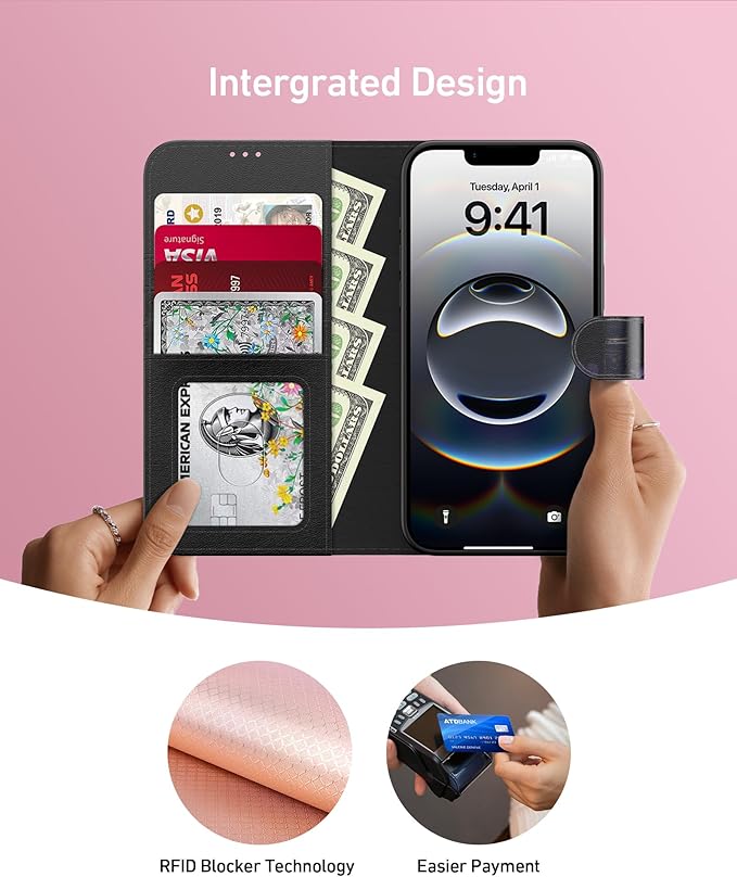 DEENAKIN for iPhone 16e Wallet Case with Card Holder + Cash Clip, RFID-Blocking, Military-Grade Drop Protection, Magnetic Closure with Leather Kickstand - Purple Floral & Raven