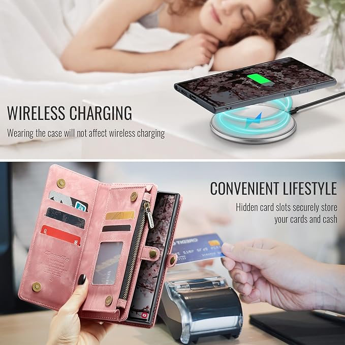 SZHAIYU 2 in 1 Detachable for Samsung Galaxy S25 Ultra Wallet Case with Card Holder, Retro Premium Flip Leather Cover Magnetic Zipper Pocket Phone Cases 6.8'' (Pink, S25 Ultra)