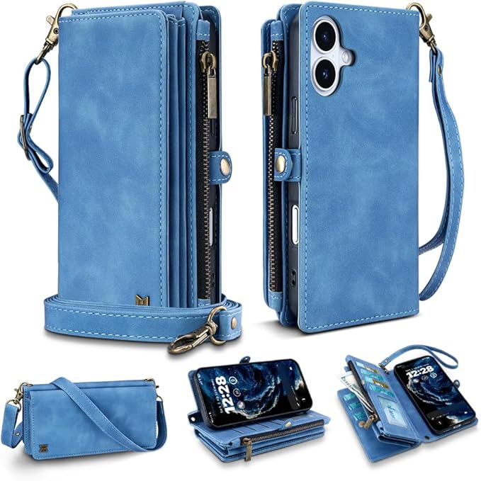 for iPhone 17 Wallet Phone Case with 7 Card Holder,RFID Blocking | PU Leather | Kickstand | Flip | Wrist Strap&Shoulder Strap | Shockproof | Zipper Wallet | Women Men | 6.3" | Sky Blue
