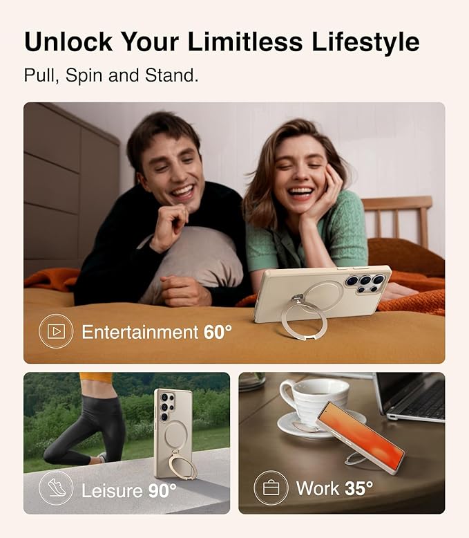 TORRAS 360° Spin Magnetic Stand for Samsung Galaxy S25 Ultra Case Beige Gold, Fit for Magsafe, Military Grade Slim Protective S25 Ultra Case with Kickstand Rotatable, Ostand Spin, Aesthetic Dune