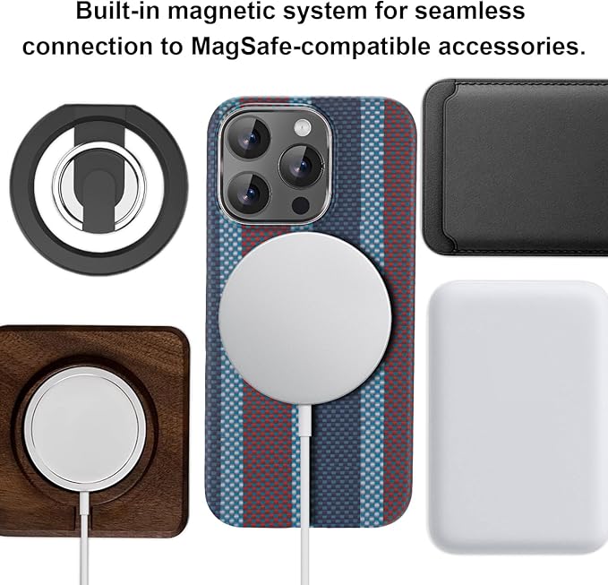 Aramid Fiber Case for iPhone 16 Pro, Compatible with Magnet, Slim & Light, Case-Less Touch Feeling, Red-Blue Stripes