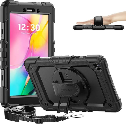 Timecity Case for Samsung Galaxy Tab A 8.0 2019 SM-T290/ T295/ T297, Full-Body Protective Case with Screen Protector, Swivel Stand/Handle Shoulder Strap Case for Kids Students, Black