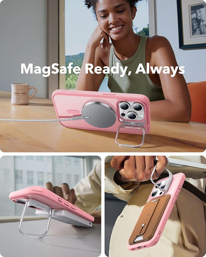 ESR for iPhone 15 Pro Case, Compatible with MagSafe, Military-Grade Protective Case, Built-in Stash Stand Phone Case, Scratch-Resistant Back Cover, Classic Series, Frosted Pink