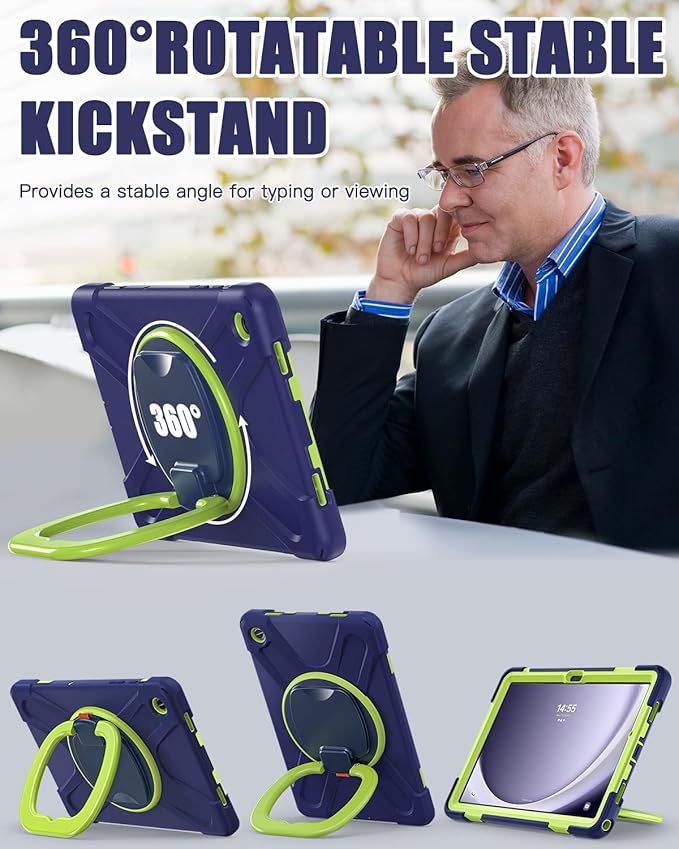 BRAECN Case for Samsung Galaxy Tab A9+ Plus 11” 2023 SM-X210/X216/X218, Heavy Duty Rugged Silicone Cover with Screen Protector, 360 Degree Rotating Stand, Stable Kickstand, Shoulder Strap, Navy Green