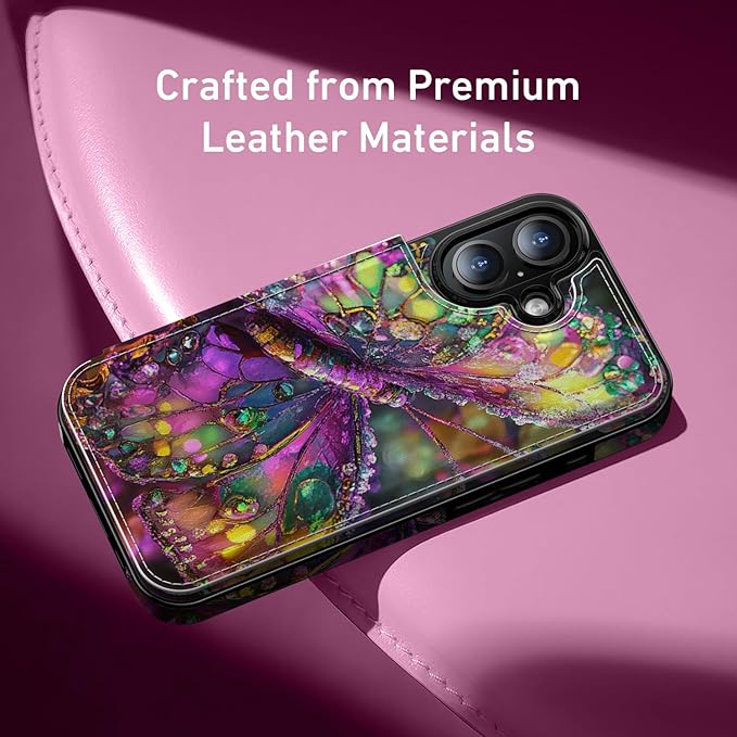 FUNMIKO for iPhone 16 Plus Wallet Case with Card Holder, RFID-Blocking, Military-Grade Protection & UV-Printed Artwork, Magnetic Closure with Leather Kickstand - Vibrant Elegant Butterfly