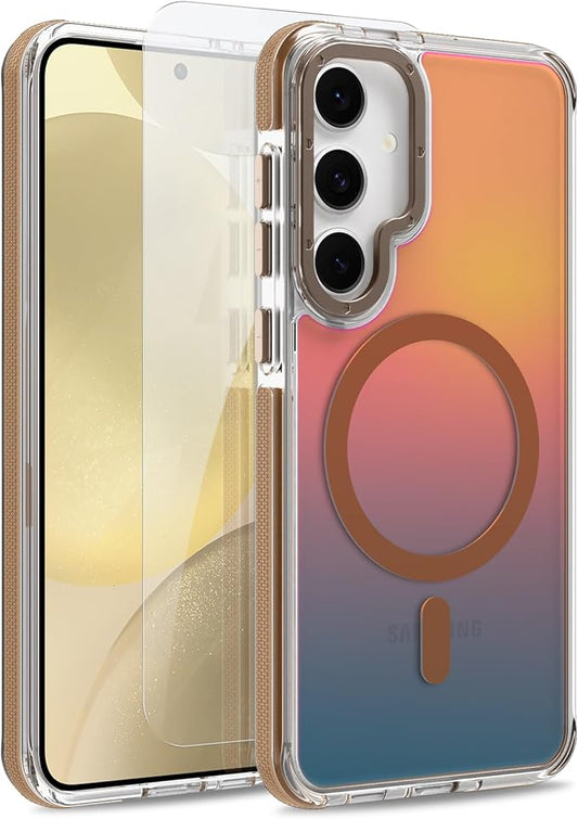 MOWIME Magnetic Case for Samsung Galaxy S24 [Compatible with Magsafe] [Cute Fashion Fluorescent Design] [1 Screen Protector] Slim Translucent Matte Case for Galaxy S24 6.2", Desert