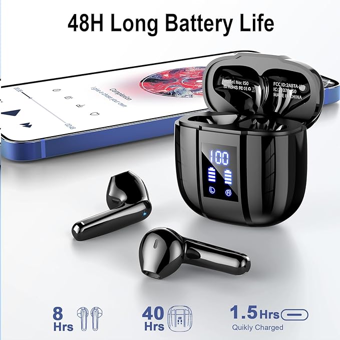 Wireless Earbuds, Bluetooth 5.4 Headphones, 48H, Stereo Ear Buds, LED Display Earphones with Mic, IP7 Waterproof In EarBud, Comfort Fit, Bluetooth Earbuds for Phone Android iOS, Sport, Walk, Black