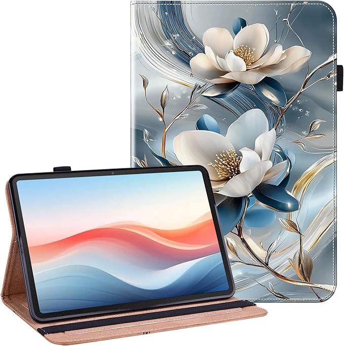 Case for Samsung Galaxy Tab A9+/A9 Plus 11 Inch (SM-X210/X216/X218) Tablet with Pencil Holder, Multiangle Stand Wallet Design Cover, Metal Flower
