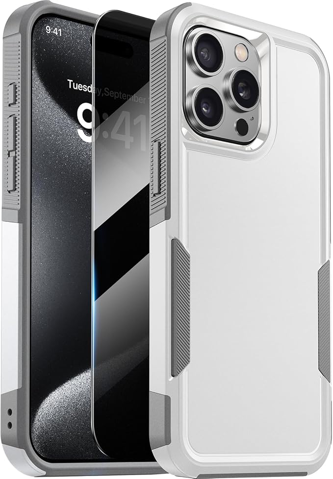 Diaclara Designed for iPhone 15 Pro Max Case, [with Privacy Screen Protector] [Anti Spy] [Military Grade Drop Protection] Heavy Duty Full-Body Shockproof Phone Case, White