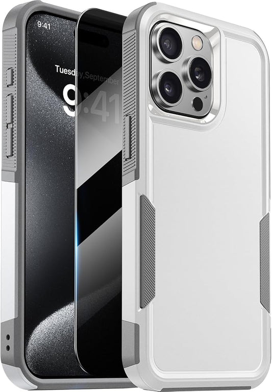 Diaclara Designed for iPhone 15 Pro Max Case, [with Privacy Screen Protector] [Anti Spy] [Military Grade Drop Protection] Heavy Duty Full-Body Shockproof Phone Case, White