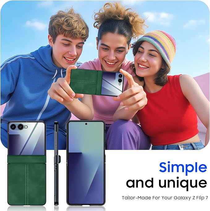 for Samsung Galaxy Z Flip 7 Case with Hinge Protection & Built-in Screen Protector, Ultra Thin Stylish Leather Matte PC Durable Shockproof Cover Phone Case for Galaxy Z Flip 7-Green