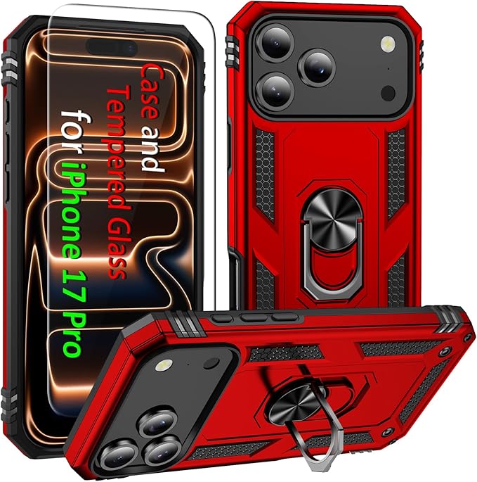 ADDIT Compatible with iPhone 17 Pro Case with Tempered Glass Screen Protector, Adjustable Kickstand Ring, Military-Grade Heavy Duty Protection, Shockproof, Anti-Fingerprint,Red
