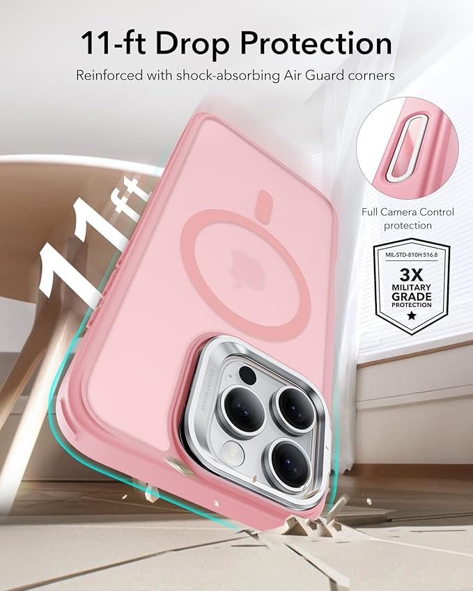 ESR for iPhone 16 Pro Case,Camera Control Button Compatible with MagSafe, Military-Grade Protective Case, Built-in Stash Stand Phone Case, Scratch-Resistant Back Cover, Classic Series, Frosted Pink