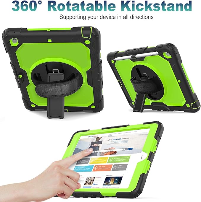 SEYMAC stock Case for iPad 9th/ 8th/ 7th Generation 10.2'', Shockproof with Screen Protector, Pencil Holder [360° Rotating Hand Strap] & Stand, for iPad 10.2 inch 2021-2019 (Green+Black)