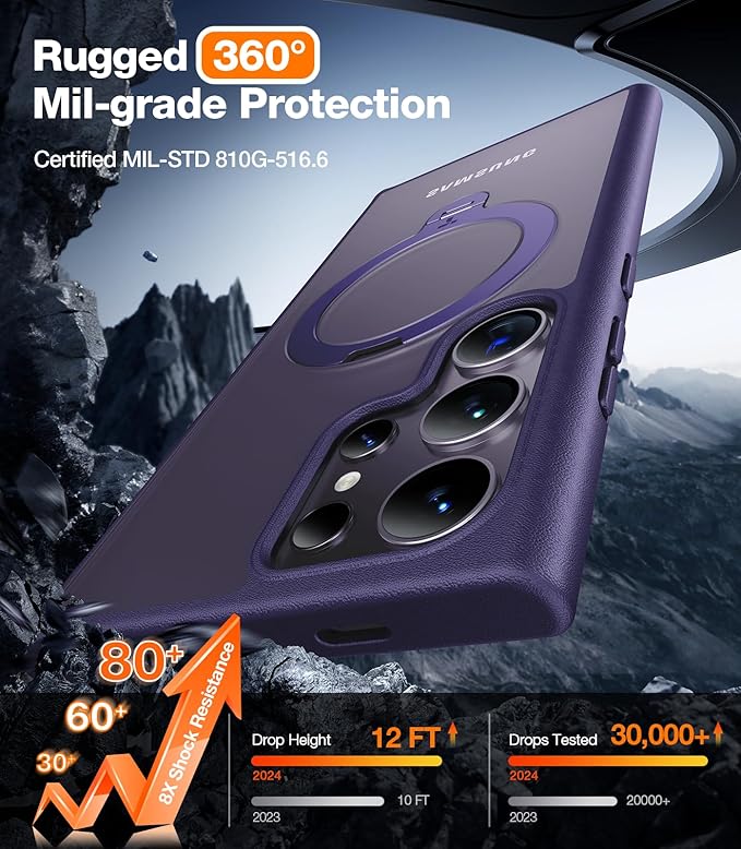 TORRAS 360°Spin Magnetic Stand for Samsung Galaxy S24 Ultra Case, Compatible with Magsafe, Shockproof Military Grade Protective Slim Galaxy S24 Ultra Phone Case with Kickstand & Ring Holder, Purple