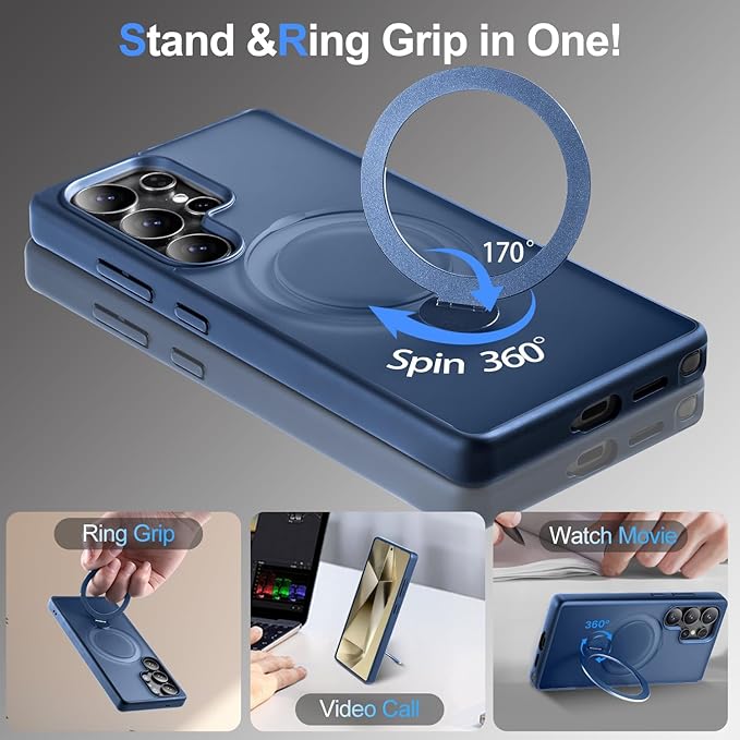 360° Rotatable Stand for Samsung Galaxy S25 Ultra Case Magnetic with Screen Protector X1 & Camera Lens Protector*1, Compatible with MagSafe, 16FT Mil-Grade Shockproof for S25 Ultra Case 6.9",Deep Blue