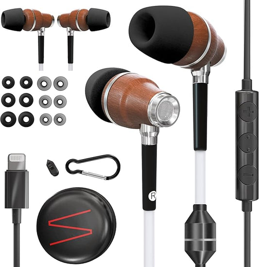 Symphonized Premium Wooden Airtube Headphones EMF Earbuds, 3D Sound, Microphone Volume Control, 8mm Bass Drivers Granting High Audio Quality MFI Certified ONLY for iPhone 11-14