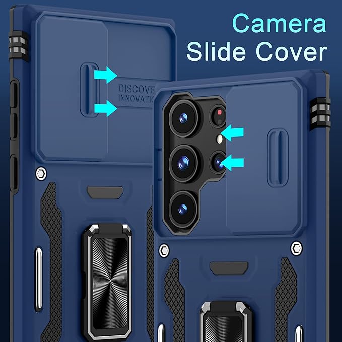 DEERLAMN Case for Samsung Galaxy S25 Ultra with Slide Camera Cover+Screen Protector (1 Pack), Rotated Ring Kickstand Military Grade Shockproof Protective Cover-Navy Blue