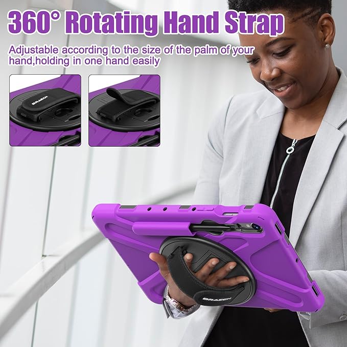 BRAECNstock for Samsung Galaxy Tab S10 Lite/ S10 FE/ S9 FE/ S9/ S8/ S7 5G Case 10.9"/11", Shockproof Protective Kids Case with Pencil Holder, Rotating Hand Strap & Stand, Shoulder Strap, Purple