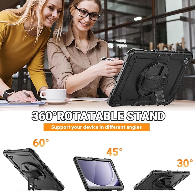 SEYMAC Case for Samsung Galaxy Tab A9+/ A9 Plus Case 11" 2023 (SM-X210/X216/X218), Heavy Duty Shockproof Protective Case with Screen Protector, Rotating Stand and Hand/Shoulder Strap, Black